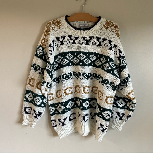 80s 90s Essentials Printed Oversized Slouchy Knit Sweater Crewneck Size Large - Picture 1 of 5